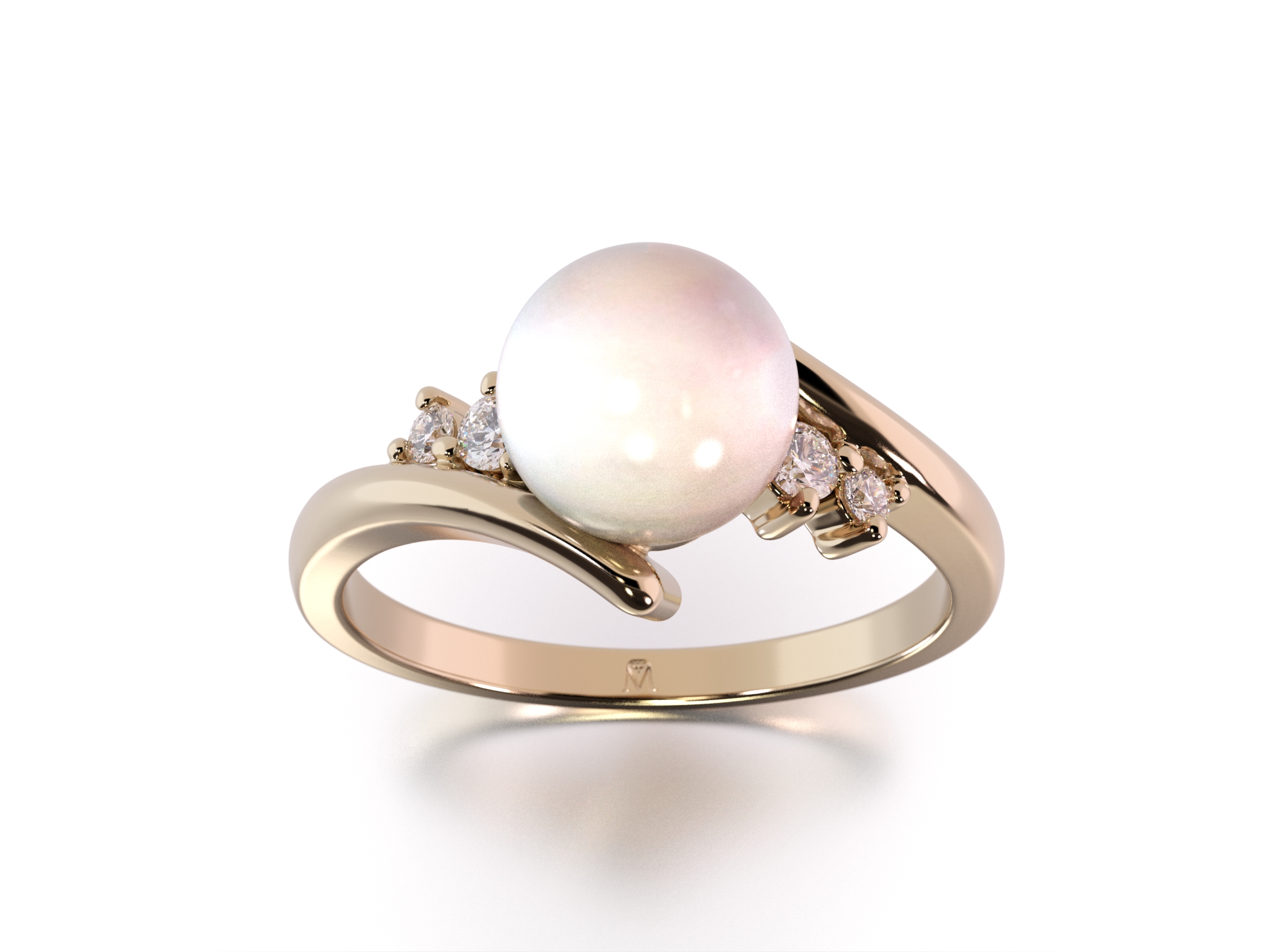 Cudowny pierścionek z perłą i diamentami w próbie złota 585 - widok z góry pod kątem