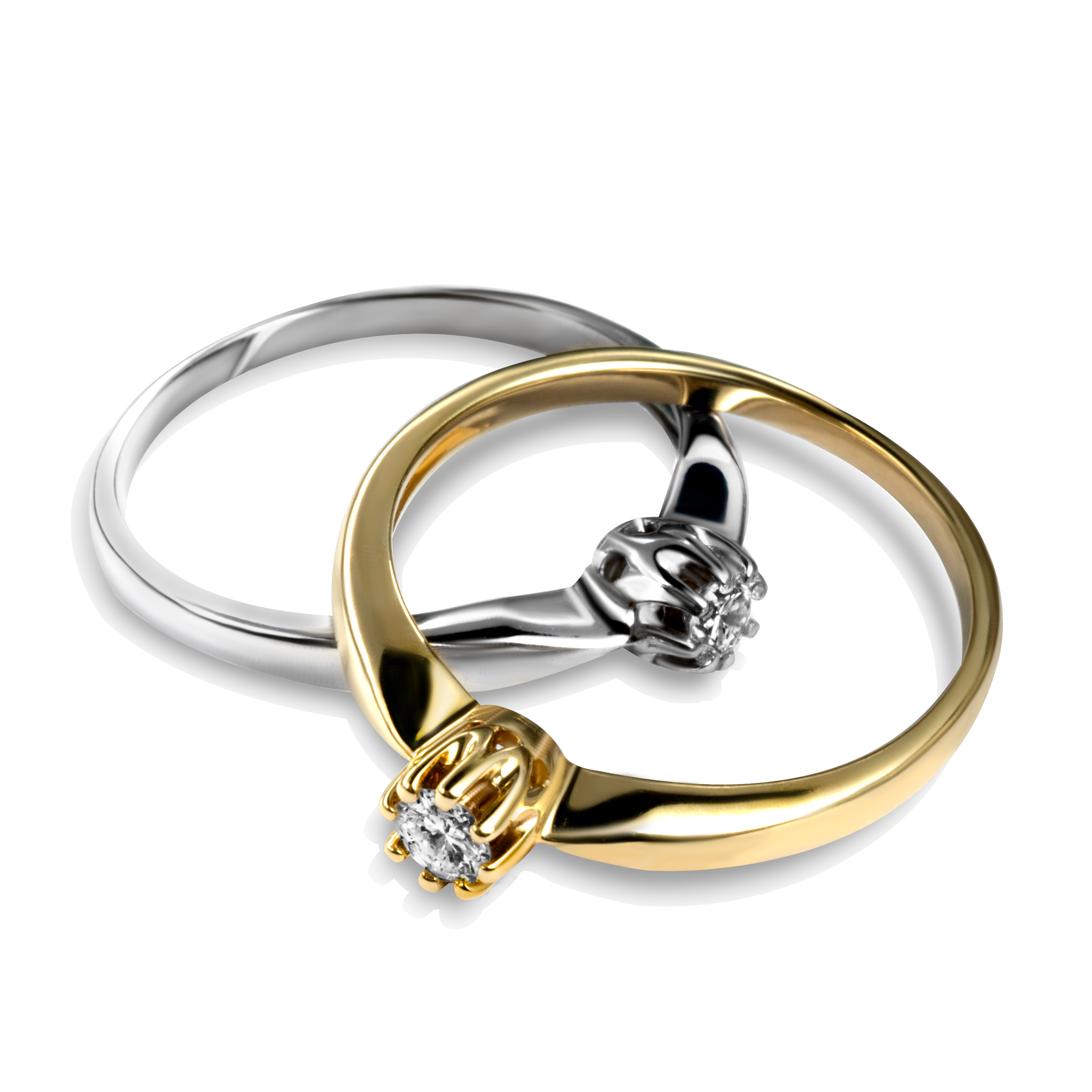 Królewska finezja - złoty pierścionek z diamentem 0,12 ct - dwa pierścionki w dwóch kolorach złota