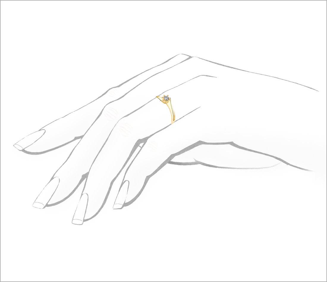 Muśnięcie Fali – złoty pierścionek zaręczynowy z diamentem - widok na dłoni