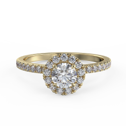 Pierścionek z diamentami o masie 0,73 ct w żółtym złocie w stylu halo - widok z góry