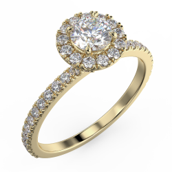 Pierścionek z diamentami o masie 0,73 ct w żółtym złocie w stylu halo - widok z góry pod kątem