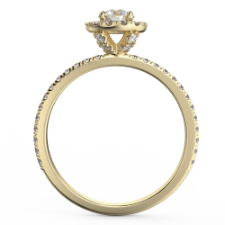 Pierścionek z diamentami o masie 0,73 ct w żółtym złocie w stylu halo - widok z boku