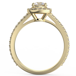 Pierścionek z diamentami o masie 0,83 ct w żółtym złocie w stylu halo - widok z boku