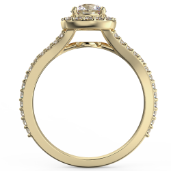 Pierścionek z diamentami o masie 0,93 ct w żółtym złocie w stylu halo - widok z boku
